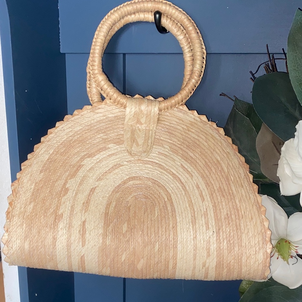Natural Straw Half-Moon Woven Tote Handbag with Round Handles